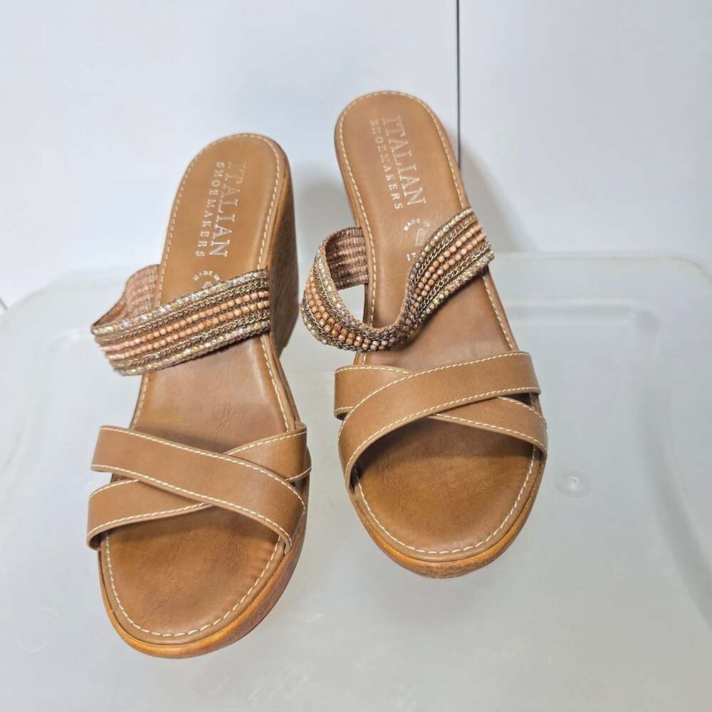 Italian Shoemakers Women's Beaded Rhinestone Criss Cross Wedge Sandals Size 10